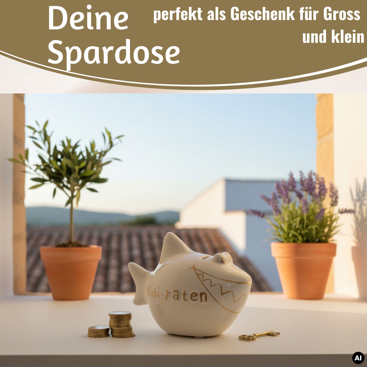 LS-LebenStil Möbel & Wohnen Hai-Raten Sparschwein Weiß Gold Keramik