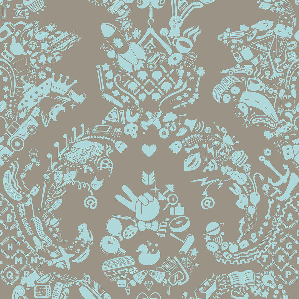 Mineheart New World Damask Tapete Rolle grau blau Ornament