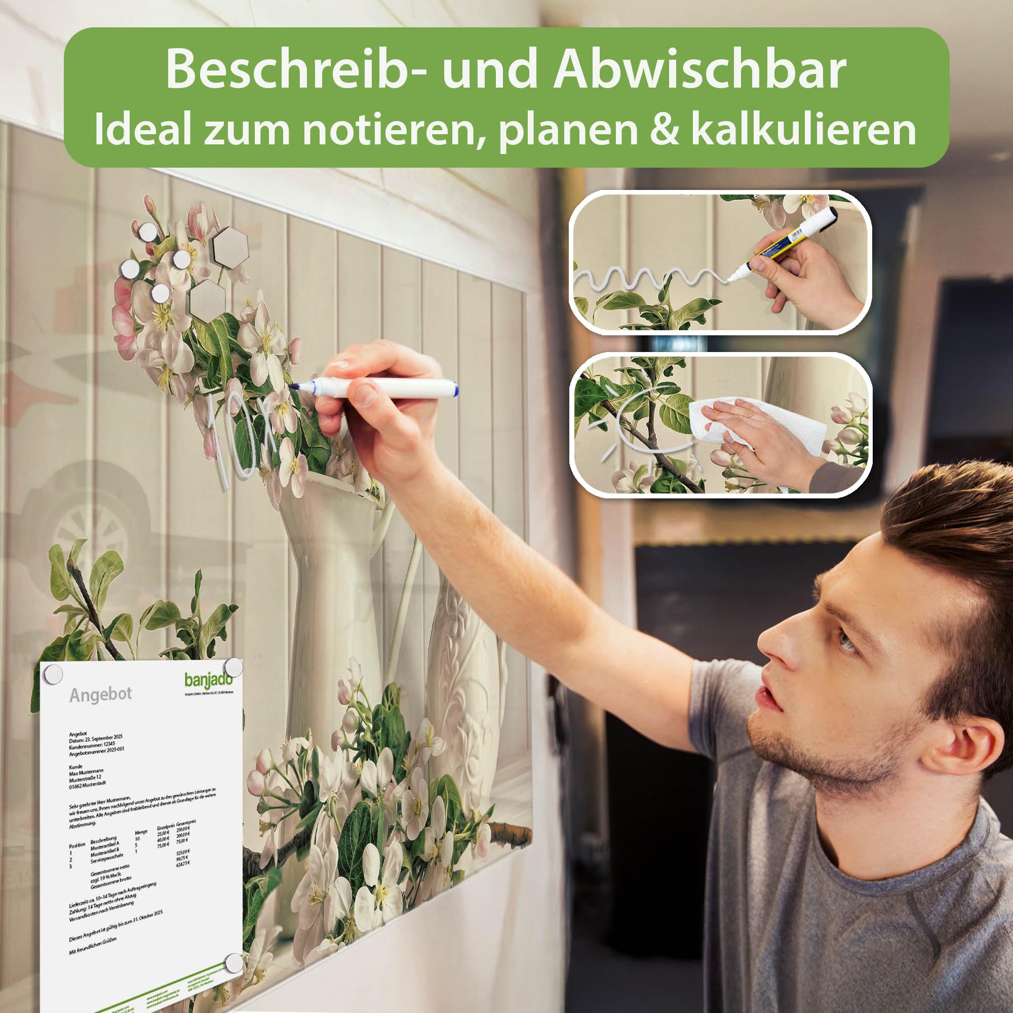 Banjado Magnettafel Stillleben Kirschblüten Magnetboard 120x80 cm