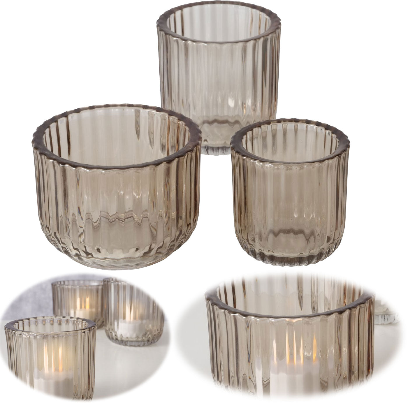 LS-LebenStil Teelichthalter Glas Retro Beige 3er Set 7-9cm