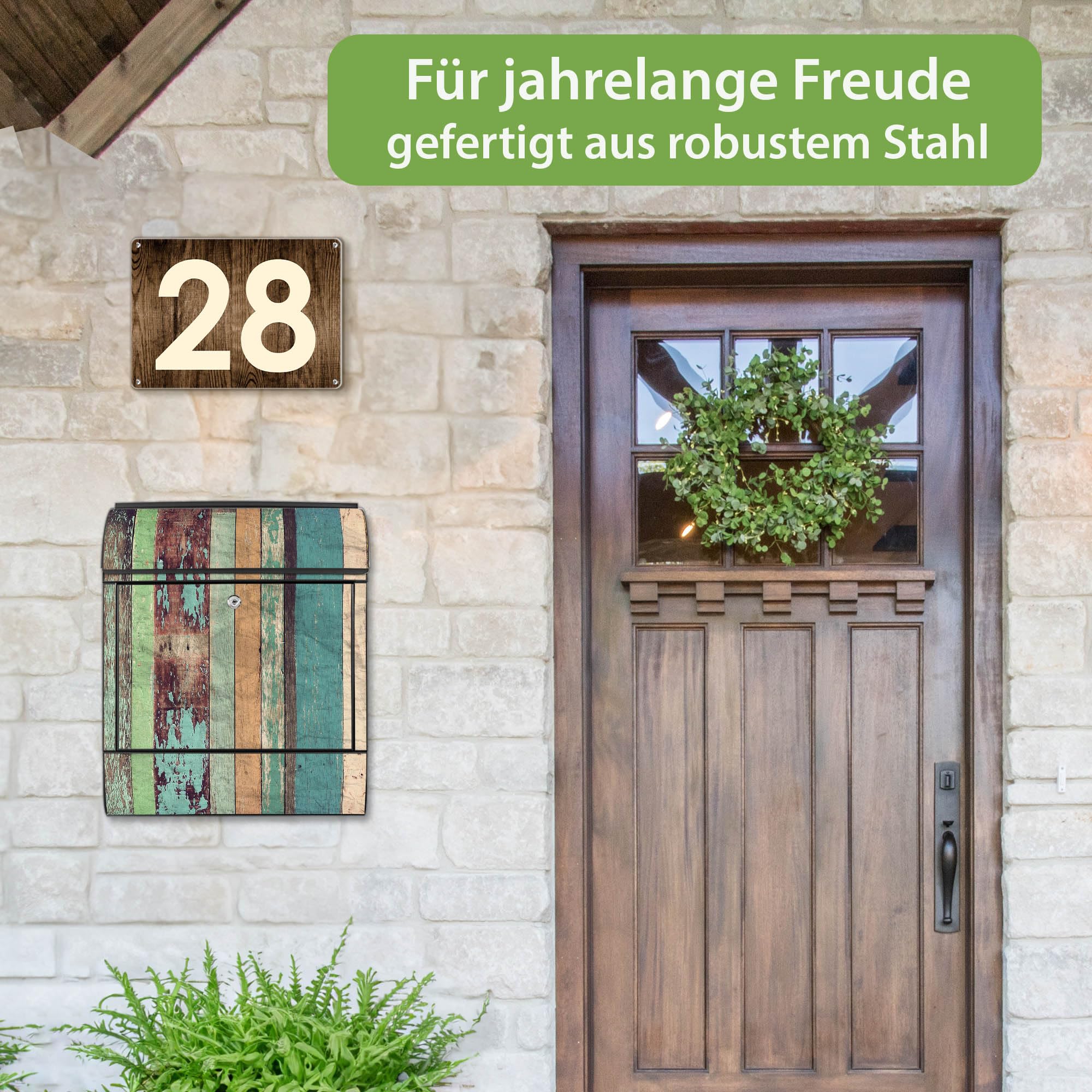 Banjado Briefkasten Bunte Bretterwand Stahl schwarz 38,5x46,5cm