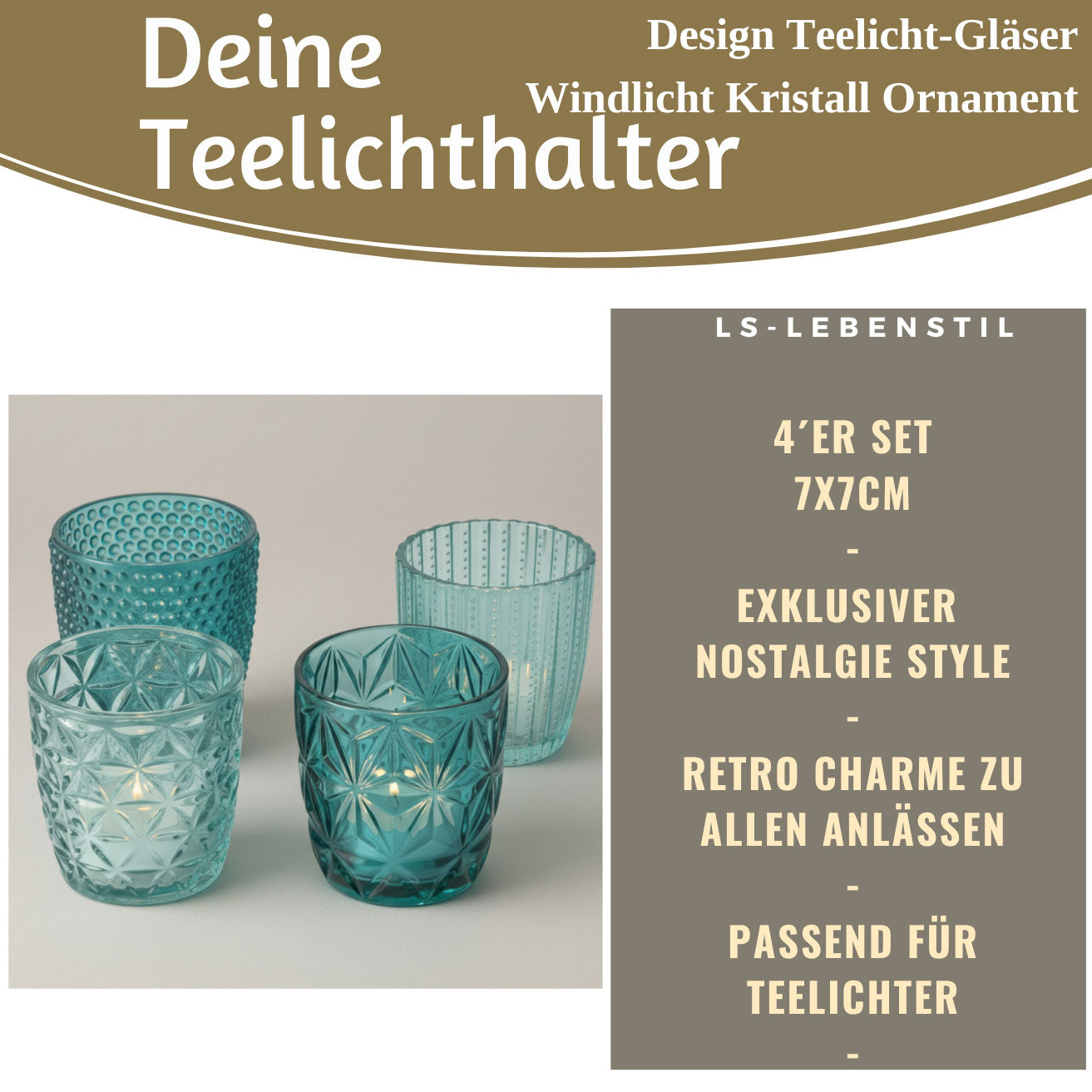 LS-LebenStil Küche & Haushalt Teelichthalter Glas türkis 7cm 4er Set