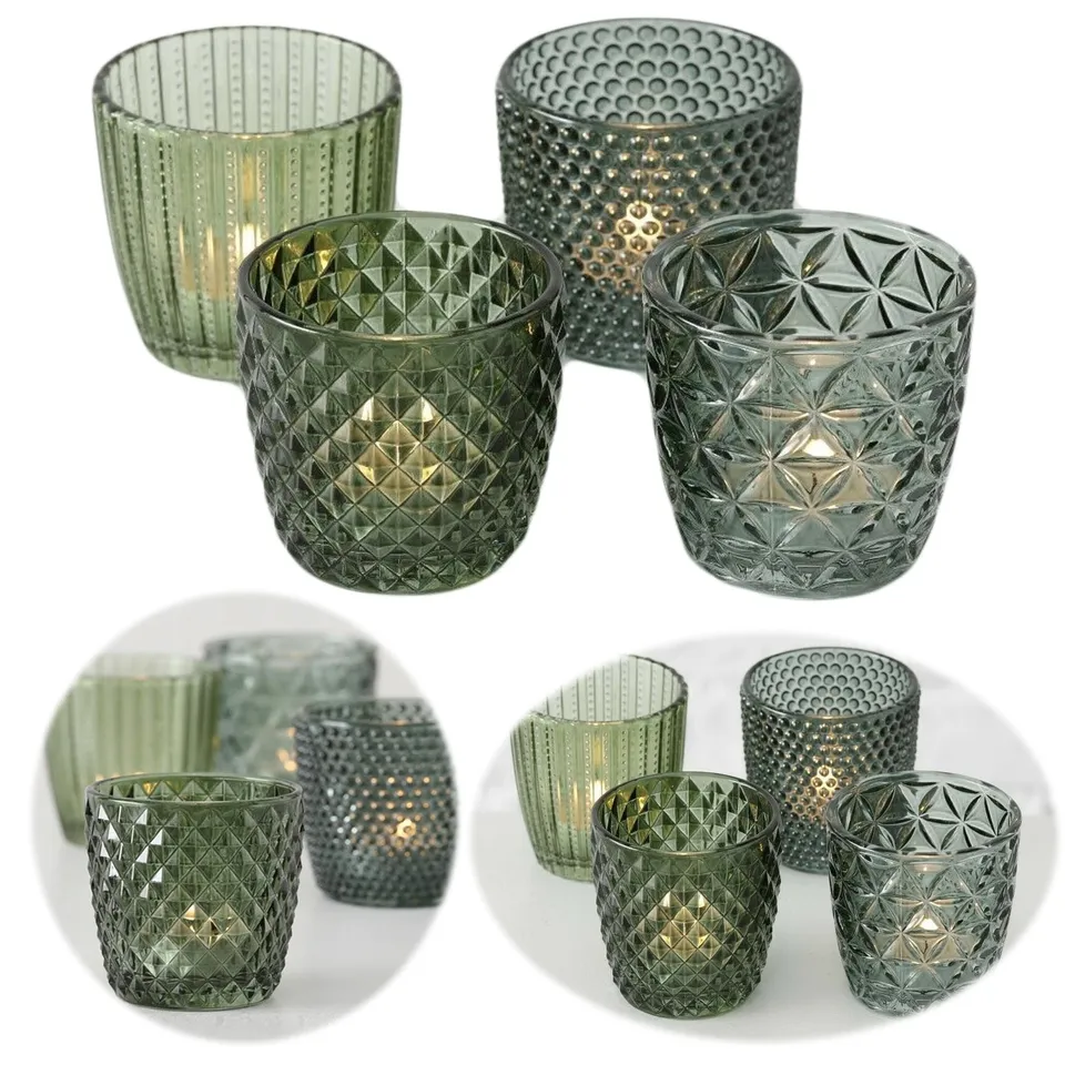 LS-LebenStil Teelichthalter Glas Retro Grün 7cm 4er Set
