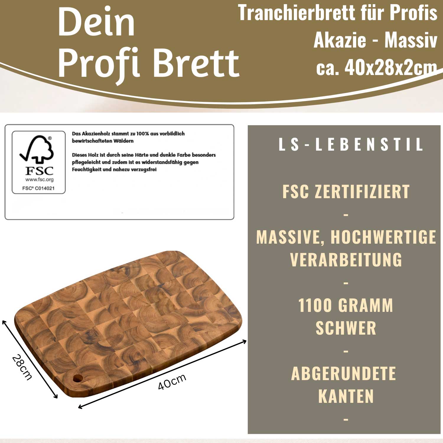 LS-LebenStil Küche & Haushalt Schneidebrett Akazie 40cm Stirnholz