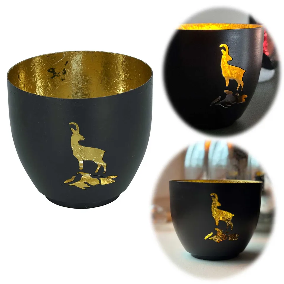 LS-LebenStil Steinbock Teelichthalter Schwarz Gold 9cm