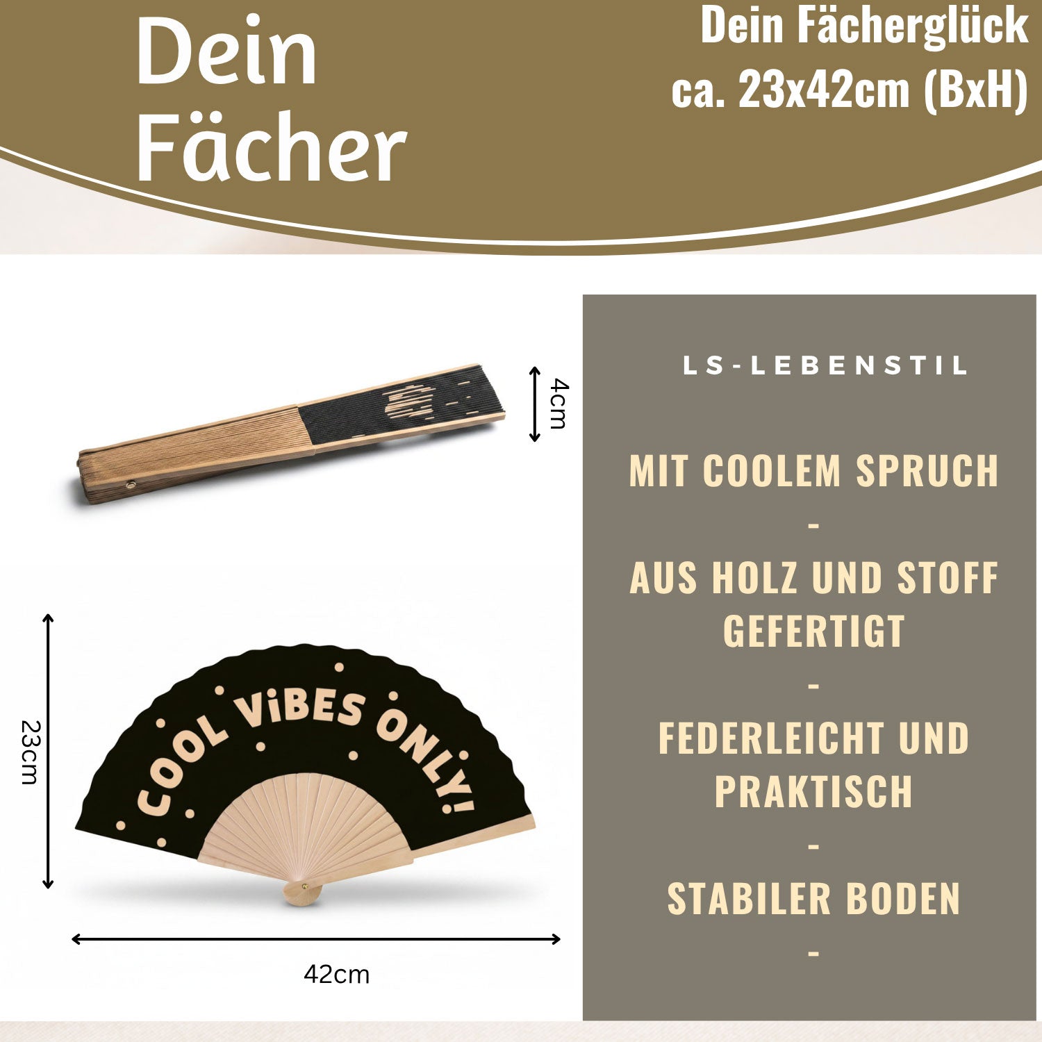 LS-LebenStil Cool Vibes Only Handfächer schwarz 23x42cm
