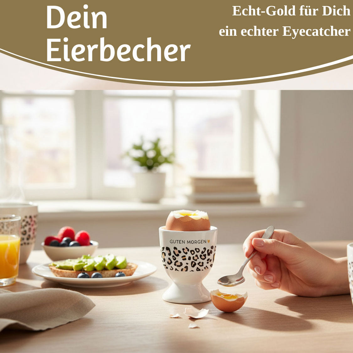 LS-LebenStil Eierbecher Porzellan Echt-Gold GUTEN MORGEN Leo