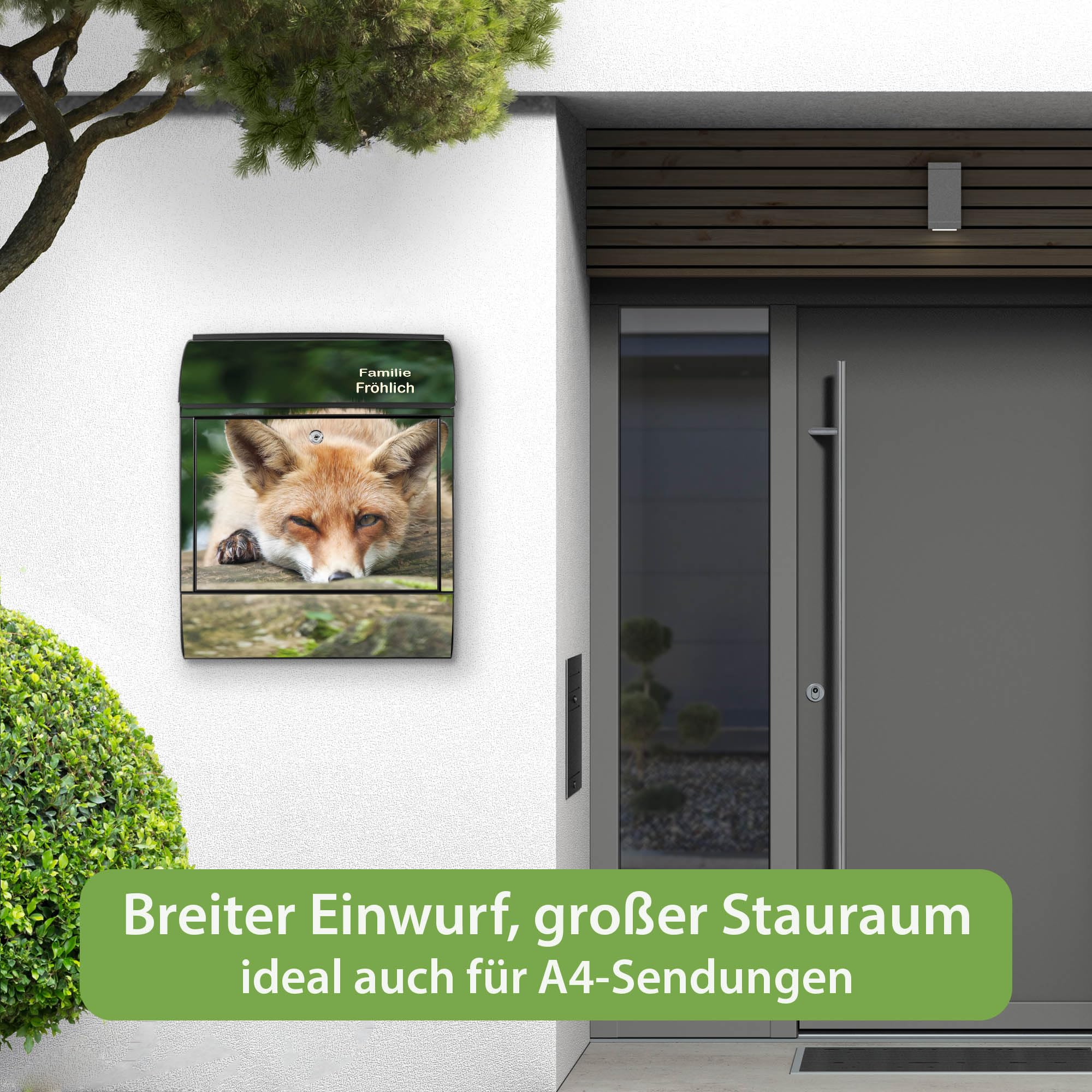 Banjado Briefkasten Fuchs Relax Postkasten schwarz mit Name A4
