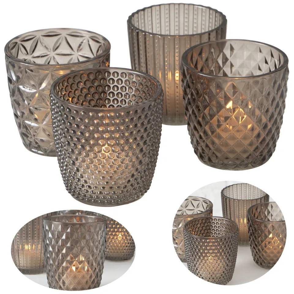 LS-LebenStil Küche & Haushalt Teelichthalter Glas Grau 7cm 4er Set