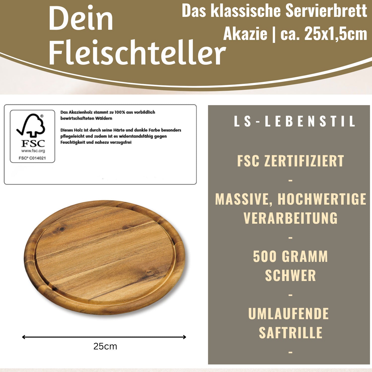 LS-LebenStil Akazie Fleischteller 25cm rund Servierbrett Saftrille