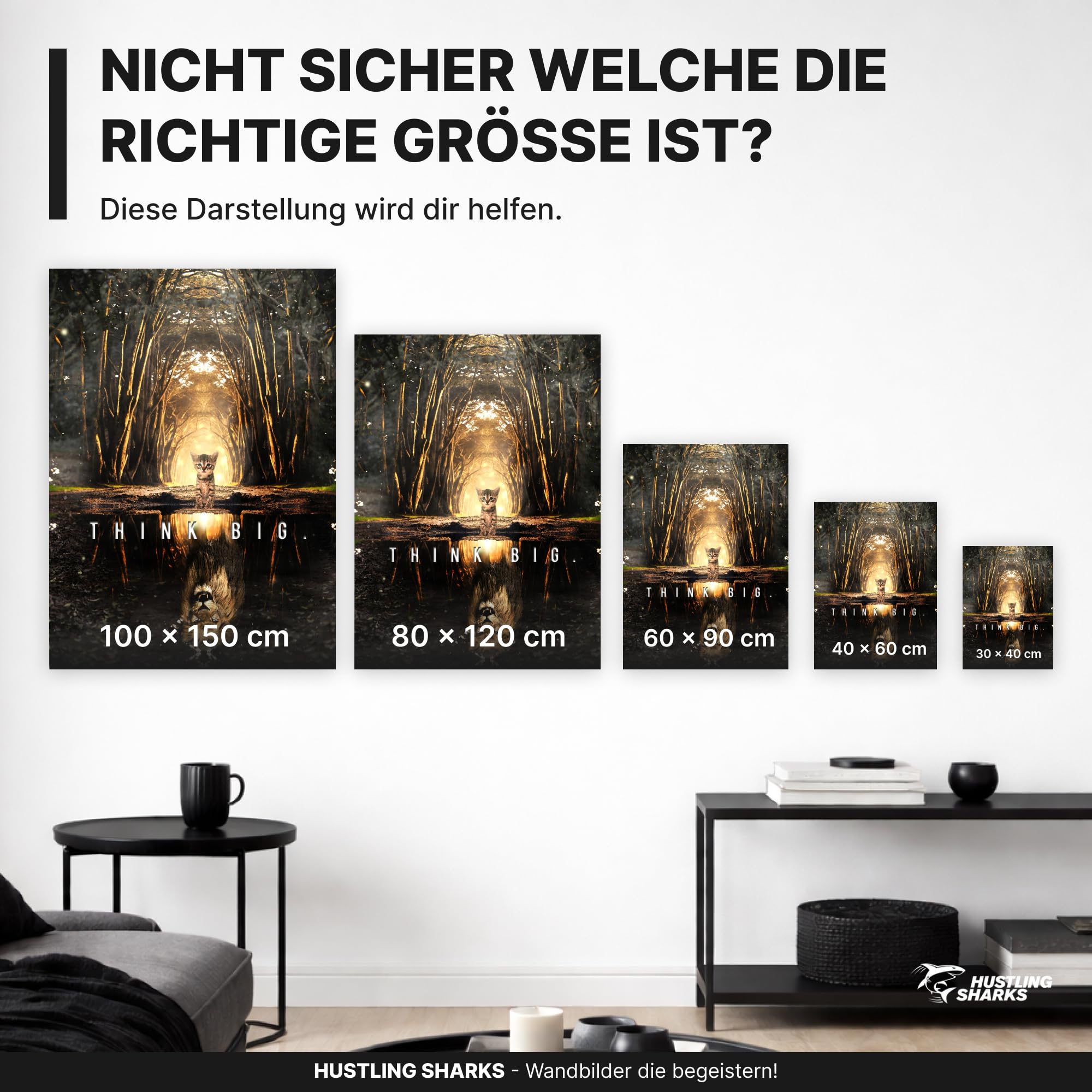 Hustling Sharks Think Big Leinwand 30x40 cm Schwarz Motivation