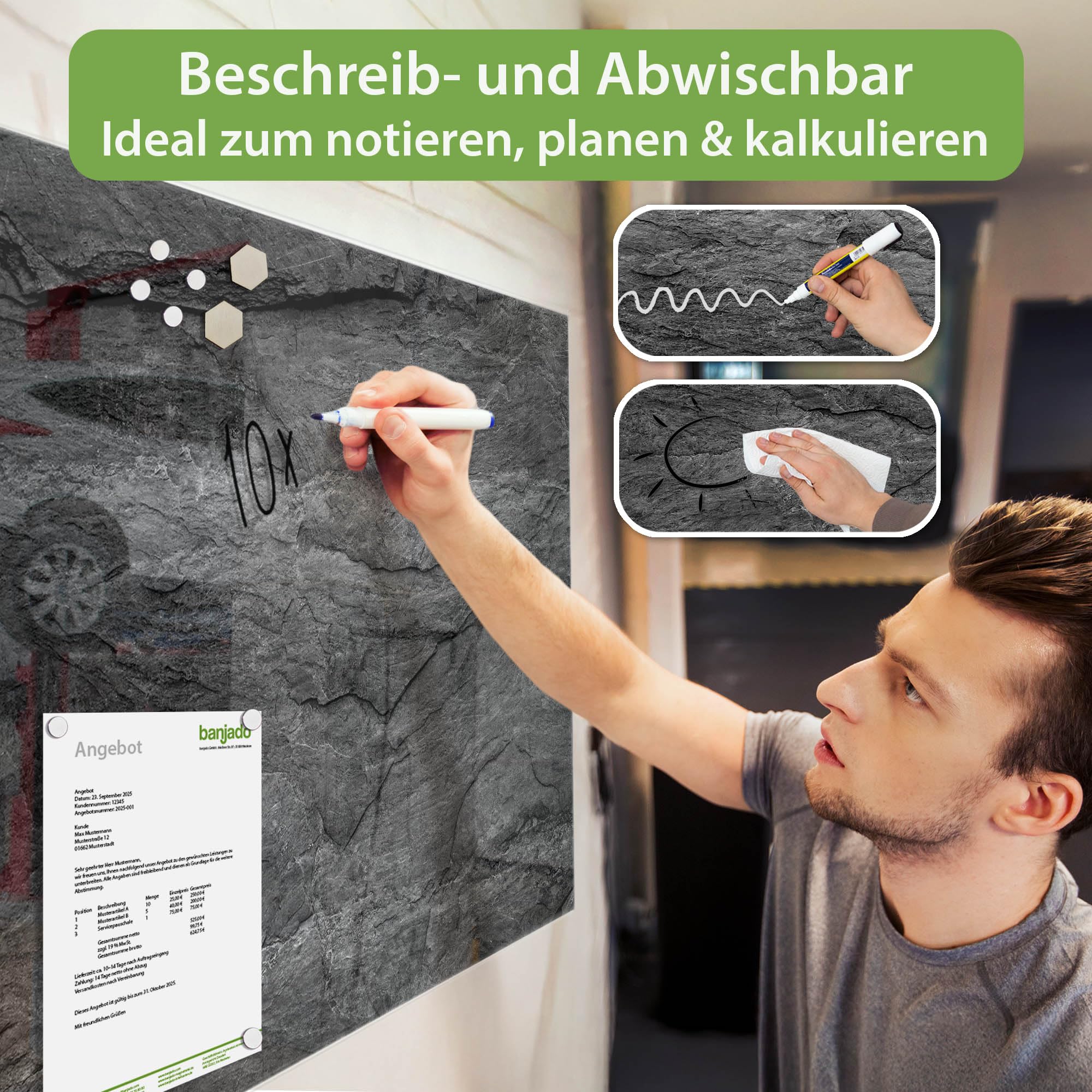 Banjado Magnettafel Schiefer Platte 1 Glasboard 45x30cm