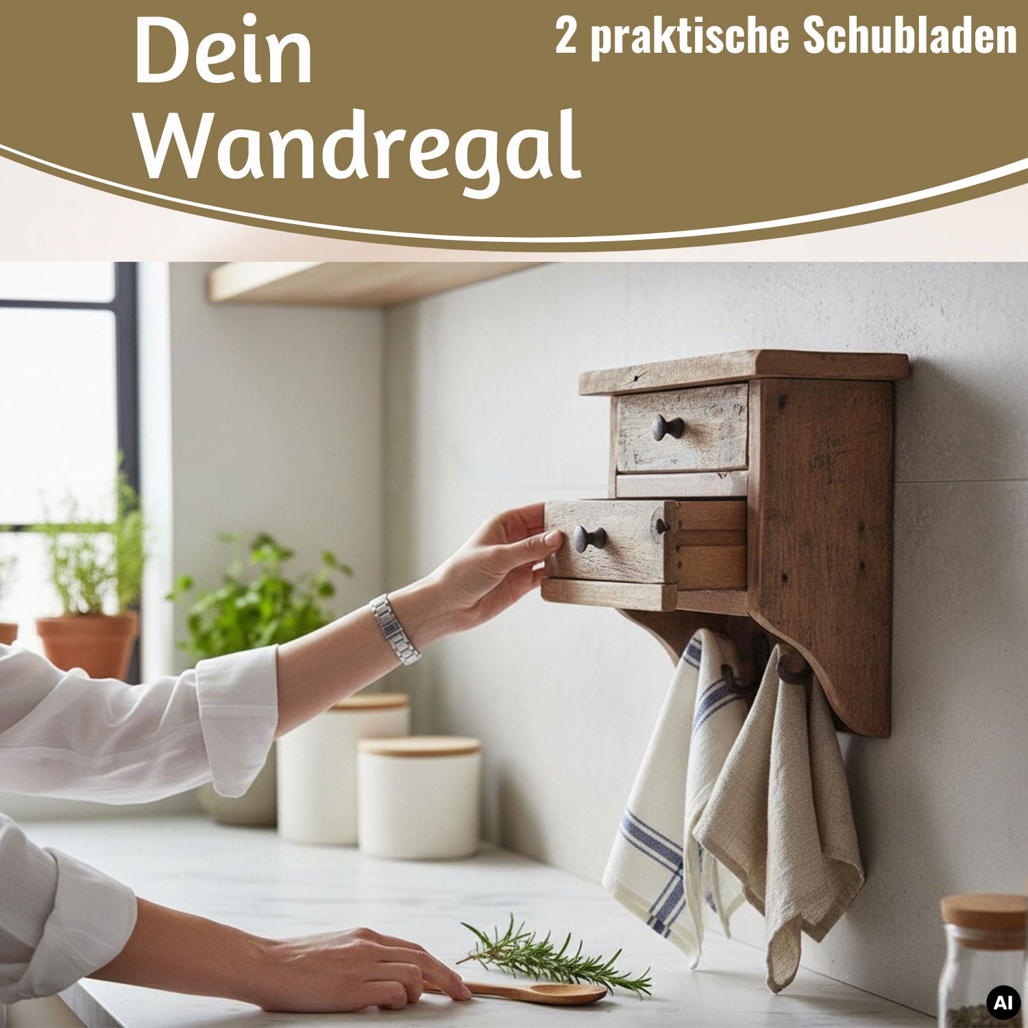 LS-LebenStil Dehli Wandregal Holz 25cm mit 2 Haken Braun