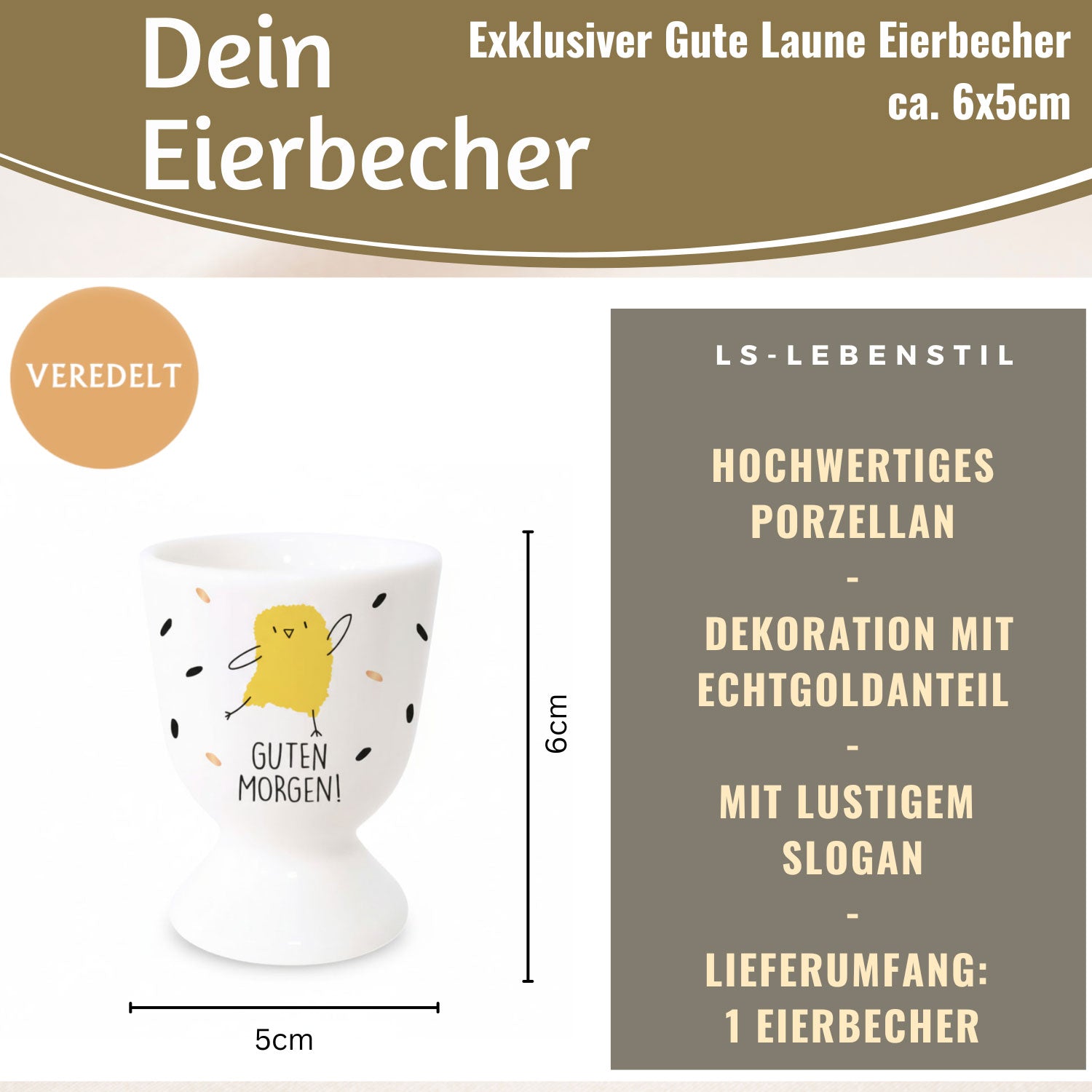 LS-LebenStil Küche & Haushalt Guten Morgen Eierbecher Porzellan Echt-Gold