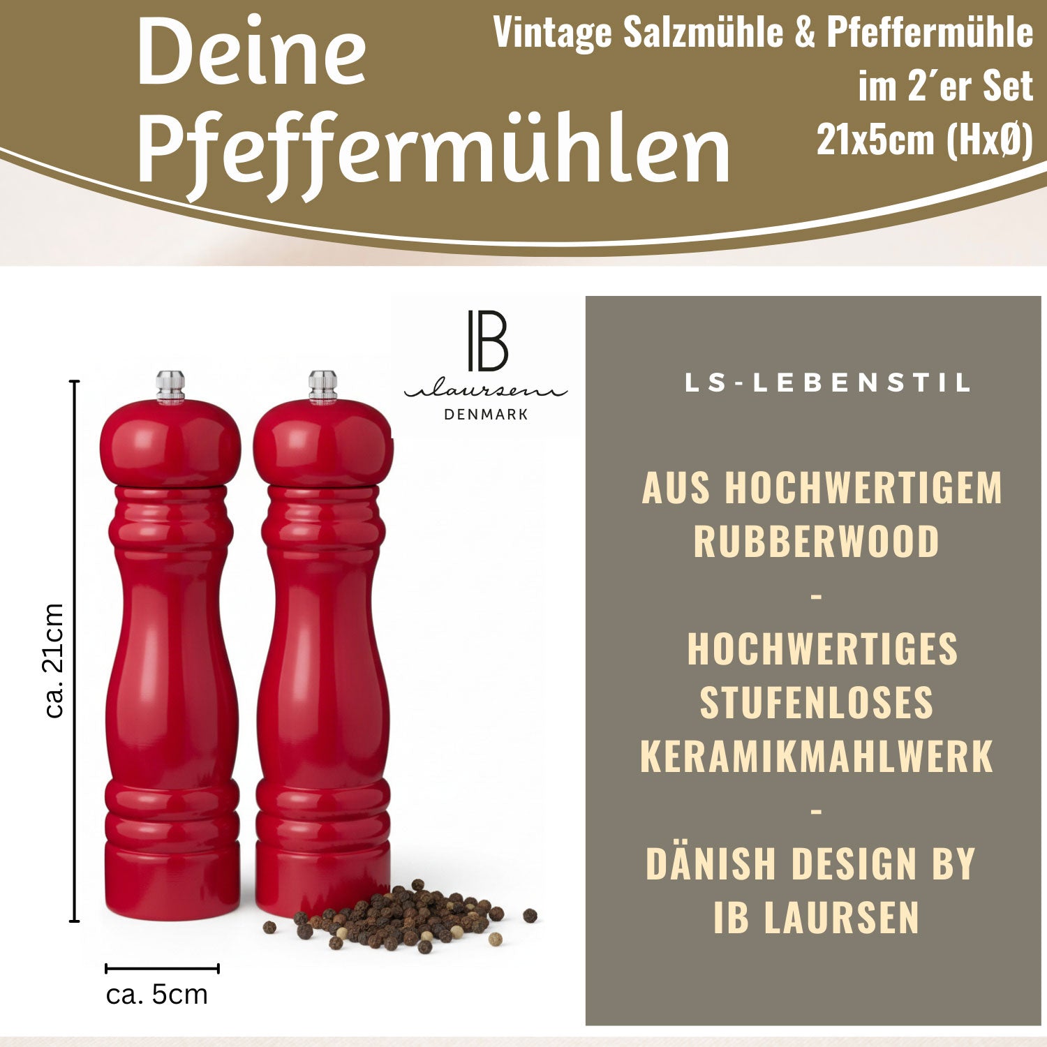 LS-LebenStil Salzmühle Pfeffermühle Set Rot 21x5cm Holz