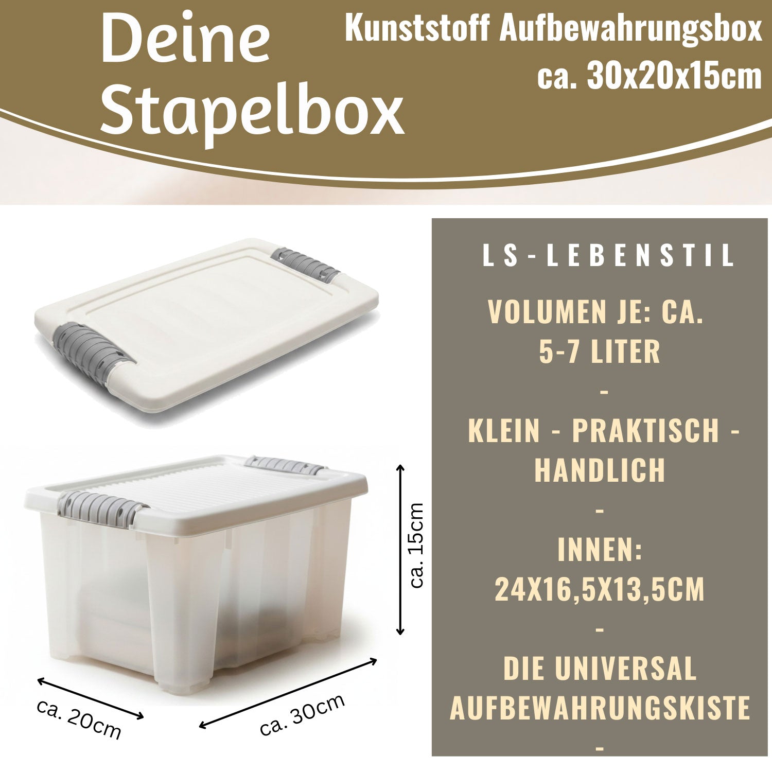 LS-LebenStil Stapelbox 30x20x15cm Deckel transparent