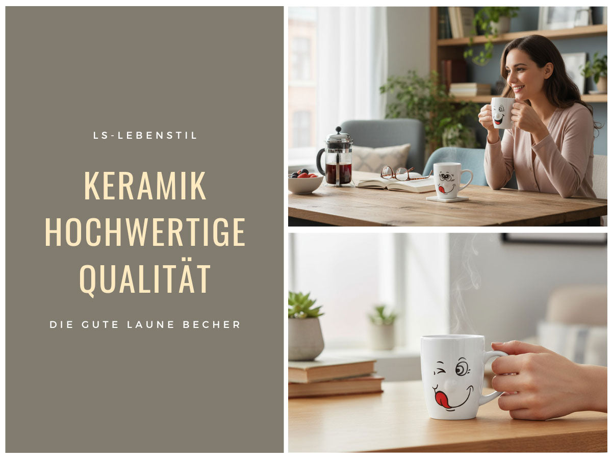 LS-LebenStil Smiley Kaffeebecher 300ml Set 3-tlg Weiß Henkel