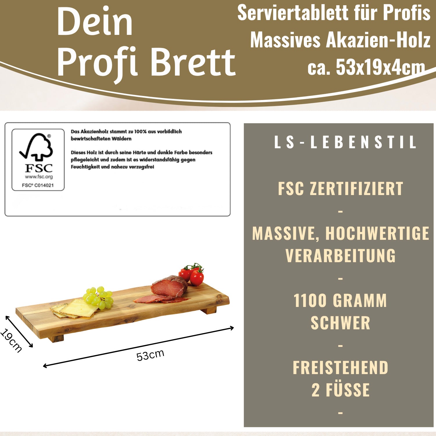 LS-LebenStil XL Vesperbrett Schneidebrett Akazie 53cm mit Füßen