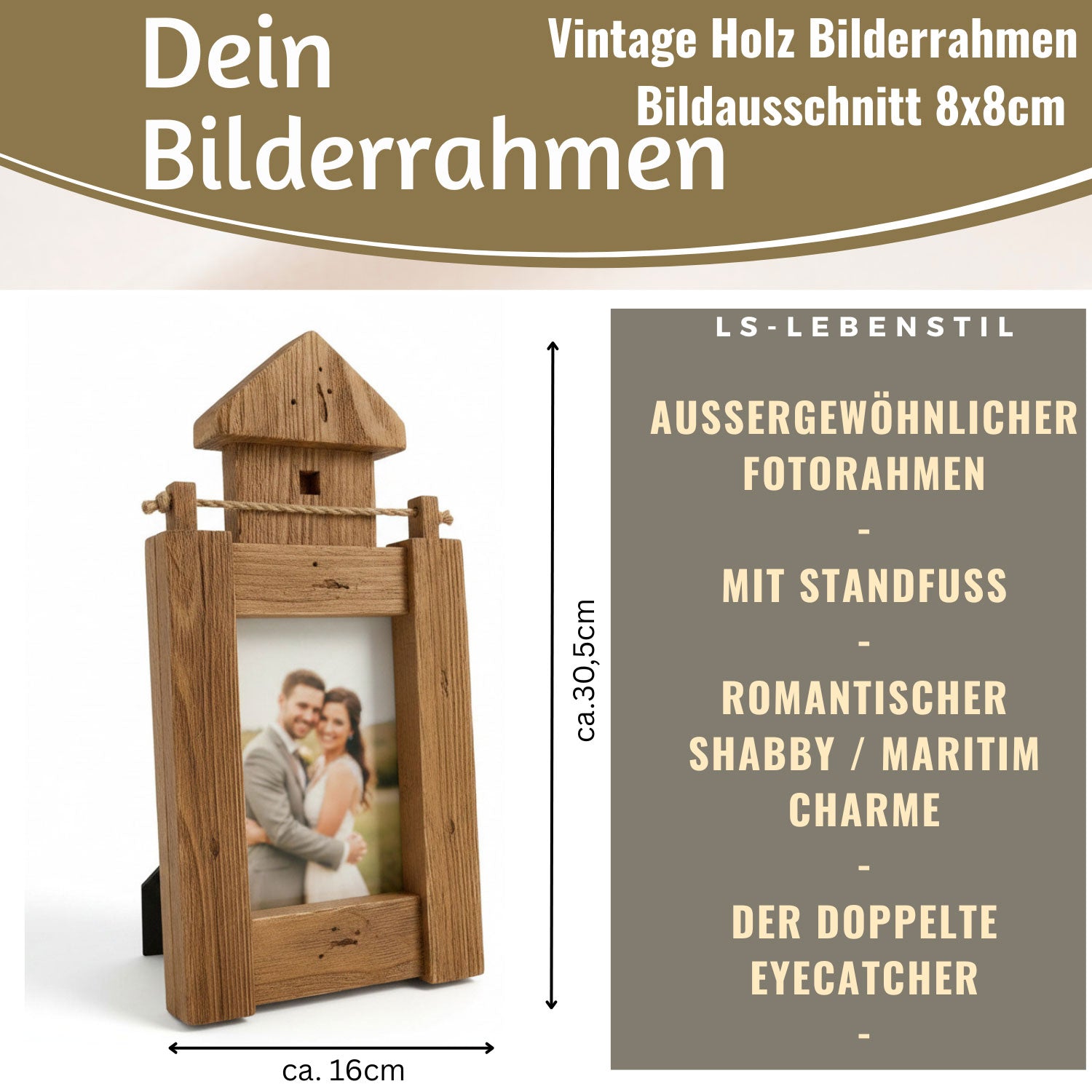 LS-LebenStil Bilderrahmen Holz Leuchtturm braun 30 cm 10x15