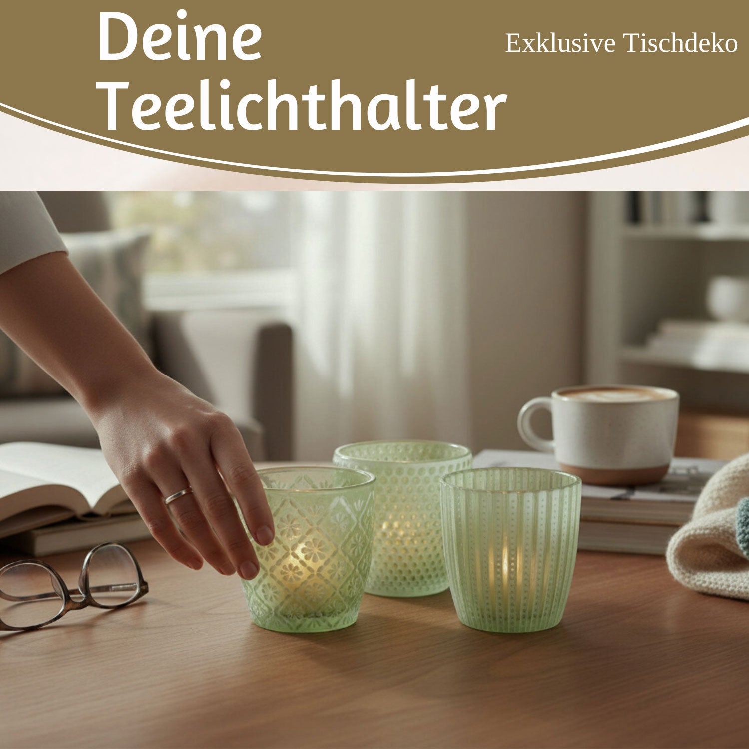 LS-LebenStil Küche & Haushalt Teelichthalter Glas Grün Weiß 6er Set