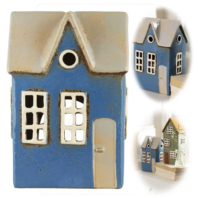 LS-LebenStil Nyhavn Teelichthaus 17cm Blau Keramik Fachwerkhaus