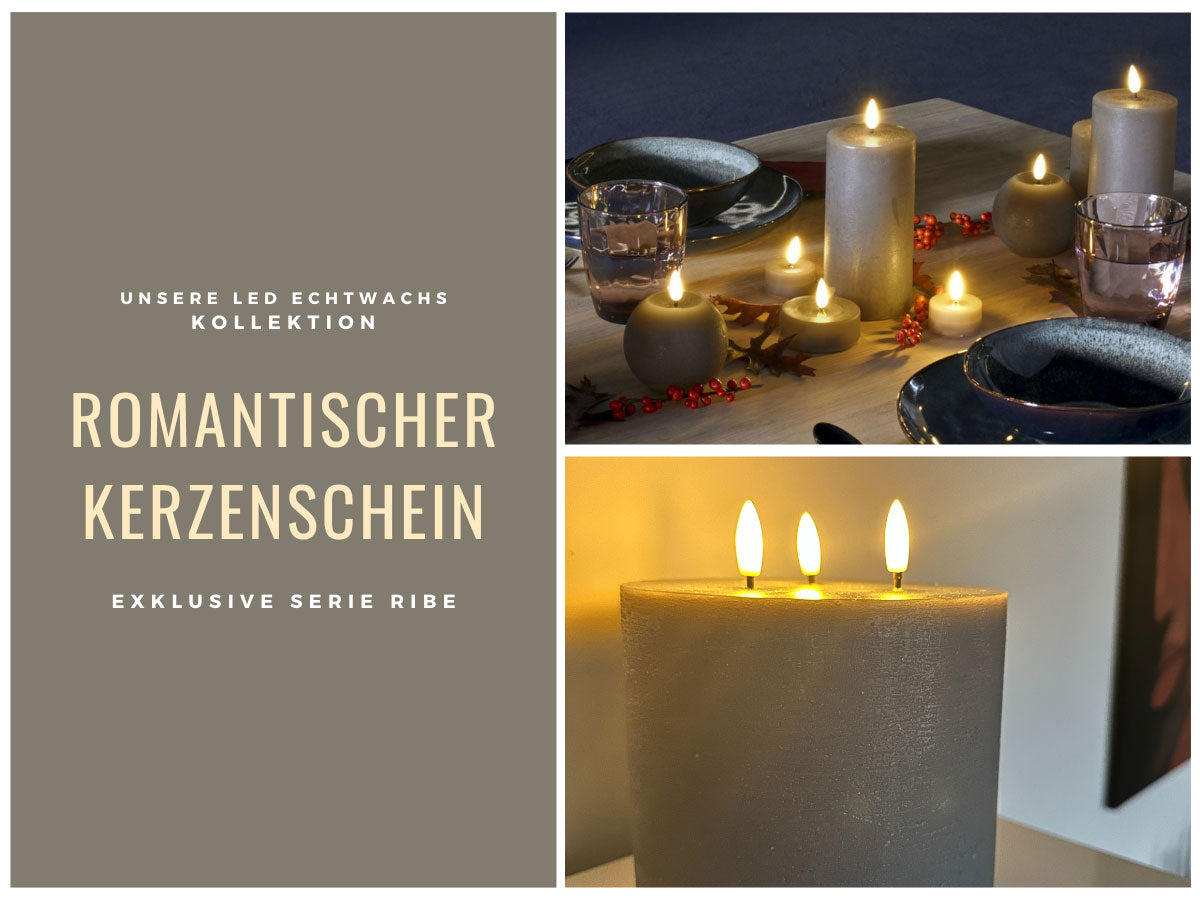 LS-LebenStil Möbel & Wohnen Ribe LED Kerze grau 15x15cm 3-Docht