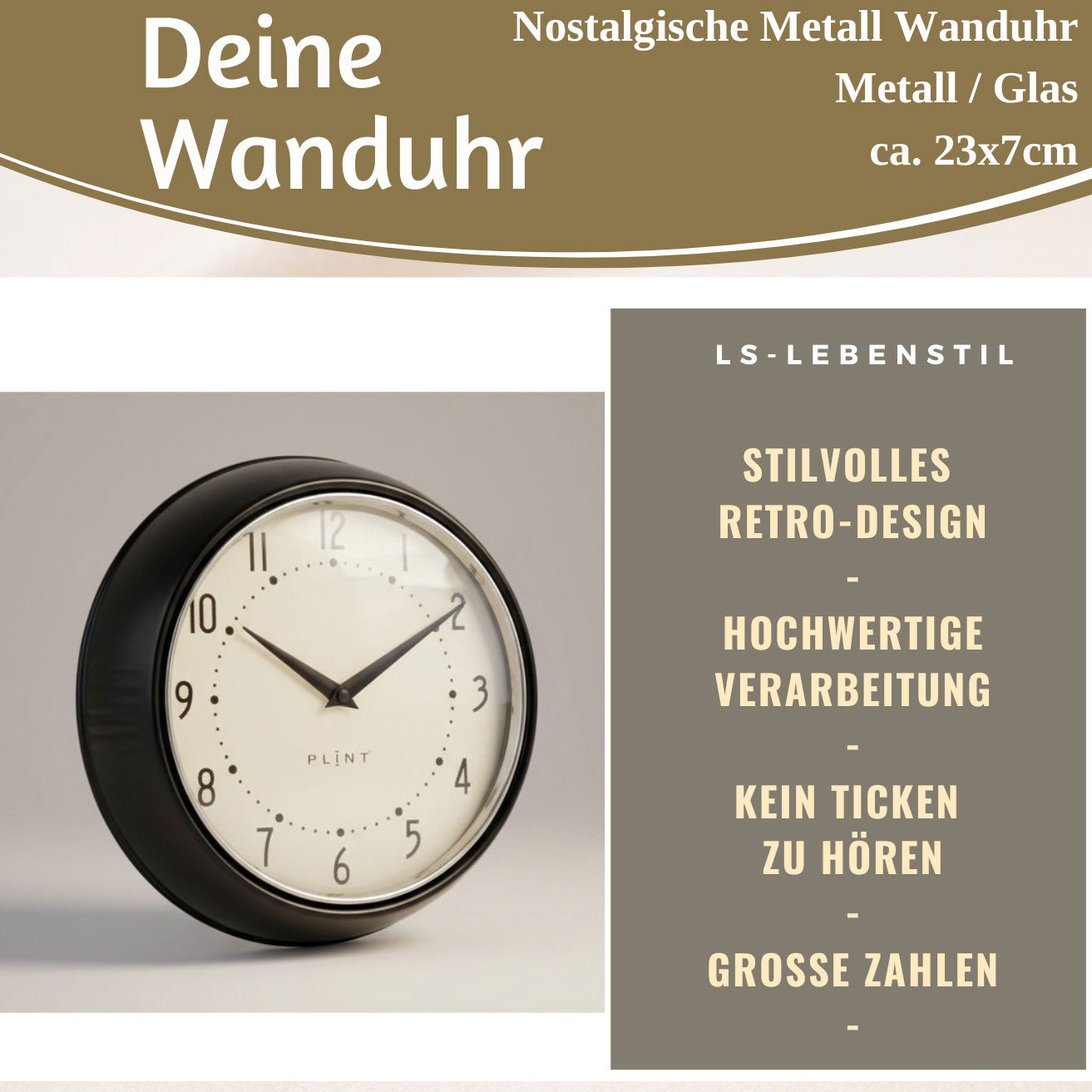 LS-LebenStil Uhren & Schmuck Wanduhr Schwarz Metall 23cm Vintage