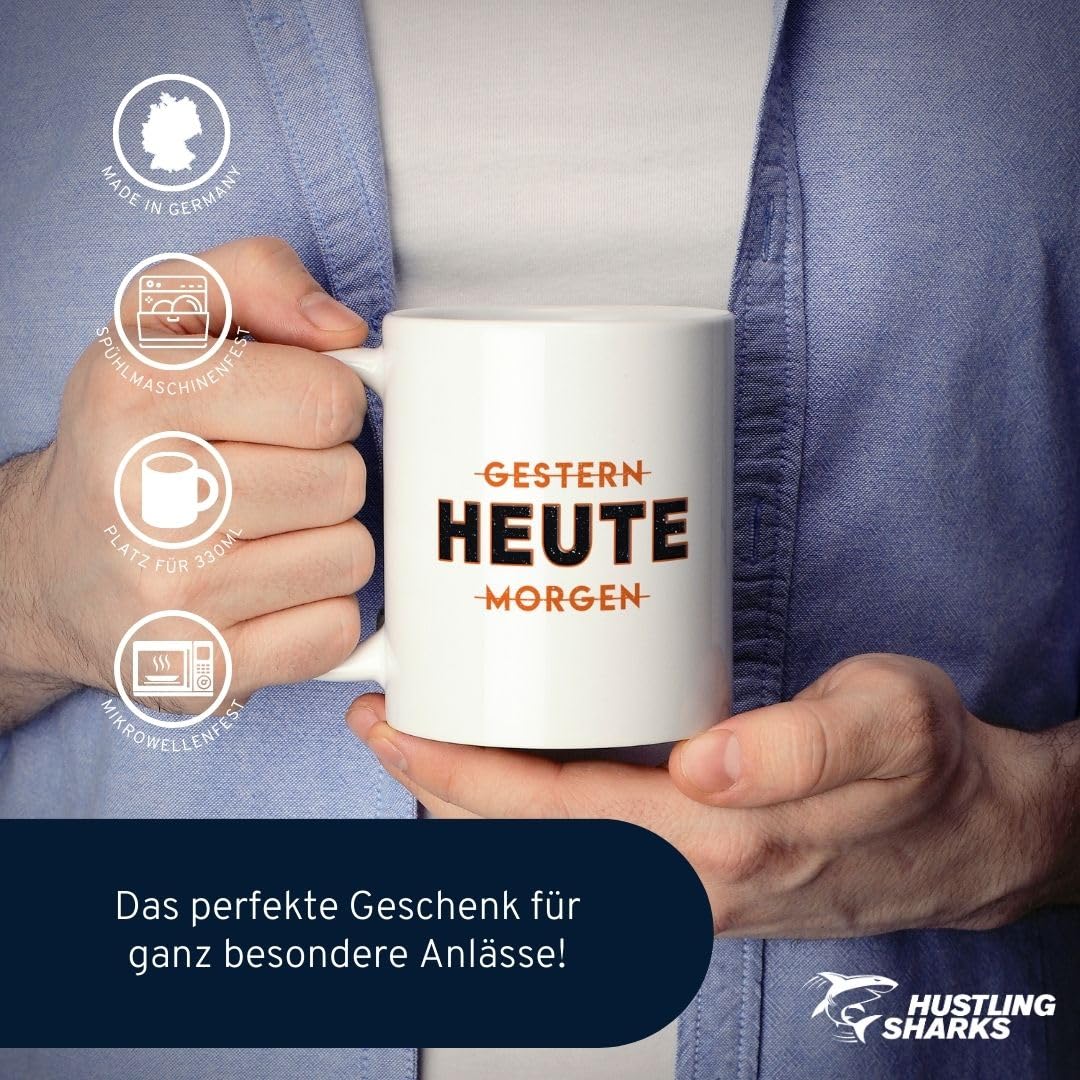 Hustling Sharks Heute Tasse 330ml schwarz Motivation Spruch