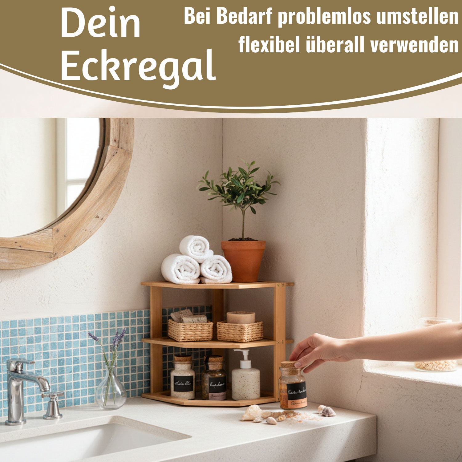 LS-LebenStil Küche & Haushalt Eckregal Bambus 27x25cm 3 Ablagen