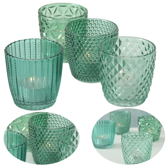 LS-LebenStil Teelichthalter Glas Retro Petrol 7cm 4er Set