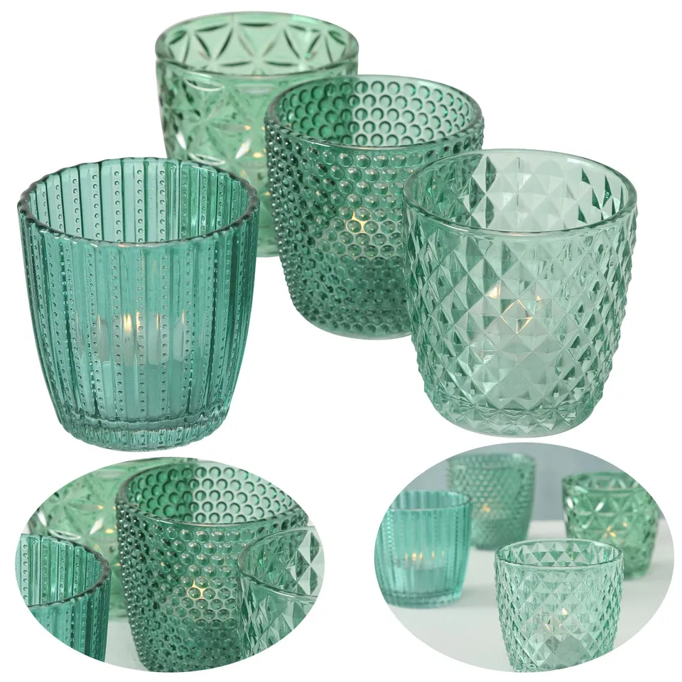 LS-LebenStil Teelichthalter Glas Retro Petrol 7cm 4er Set