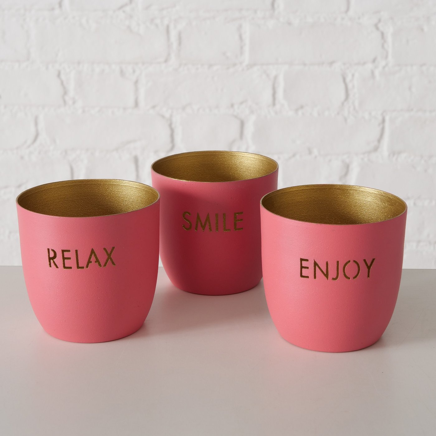Relax Enjoy Smile Teelichthalter Metall Rosa Gold 7 cm 3er Set