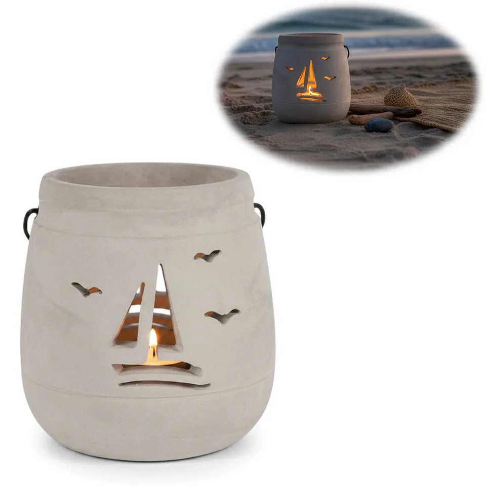 LS-LebenStil Windlicht Segelboot 13cm Beton Grau Shabby Teelicht