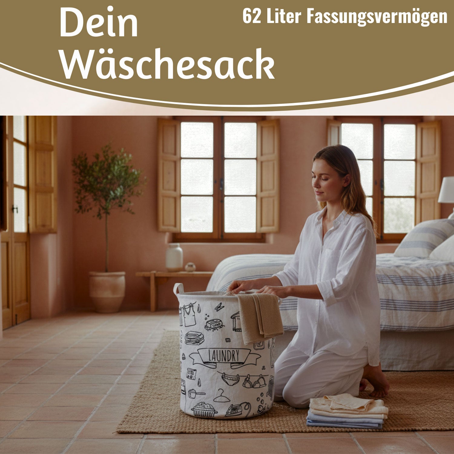 LS-LebenStil Laundry Wäschesack Canvas 62L creme 50cm faltbar
