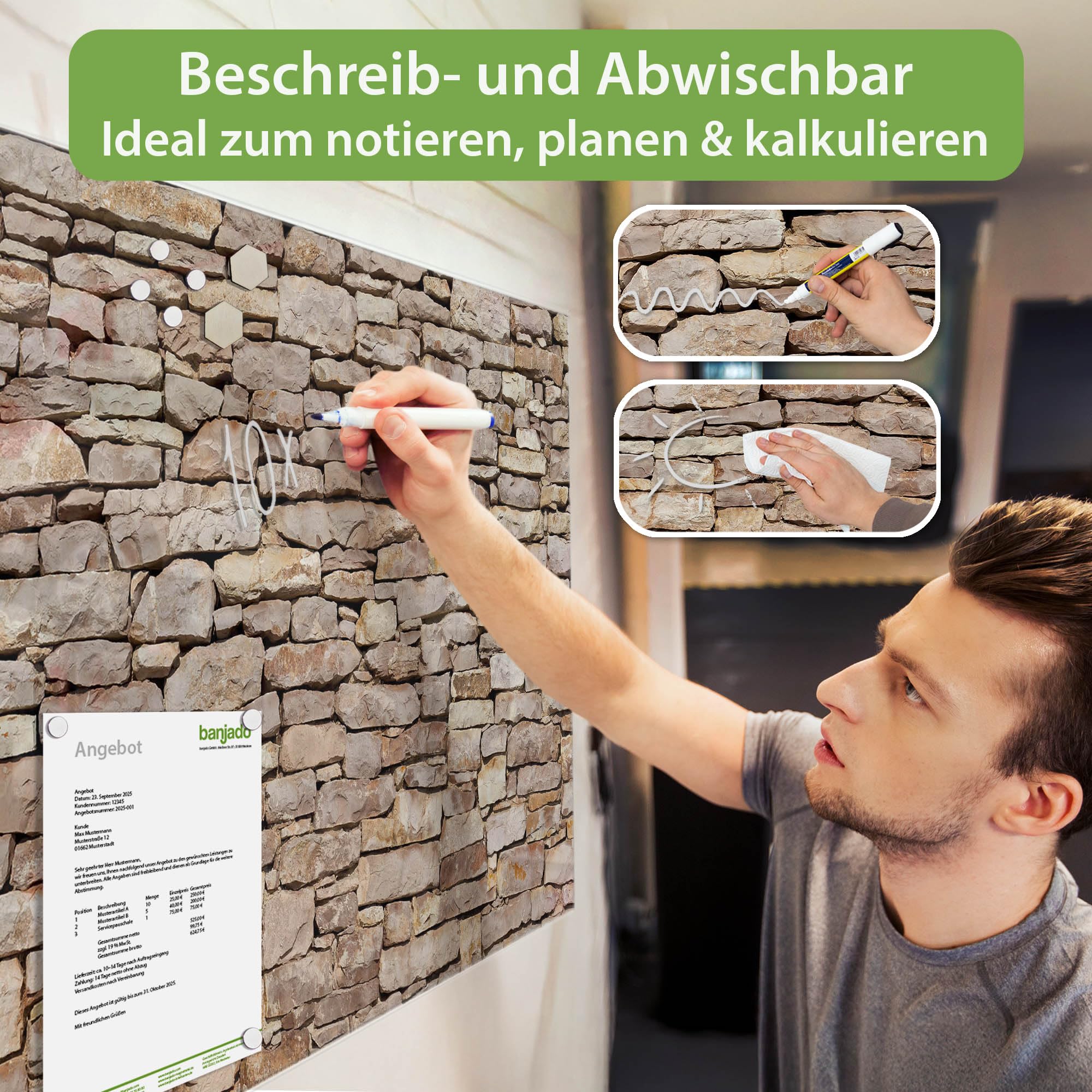 Banjado Magnettafel Stadtmauer Steinlook Magnetboard 120x80 cm