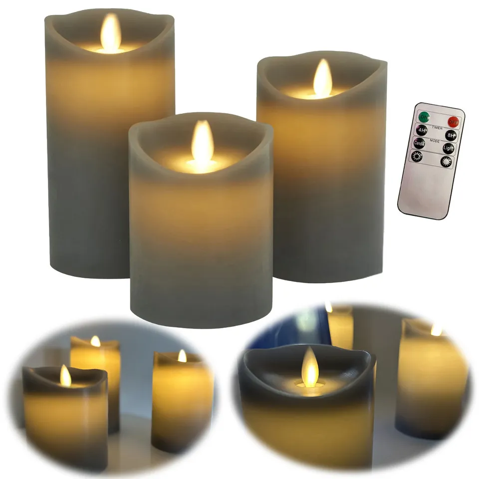 LS-LebenStil Möbel & Wohnen LED Stumpenkerze Grau 3er Set Timer