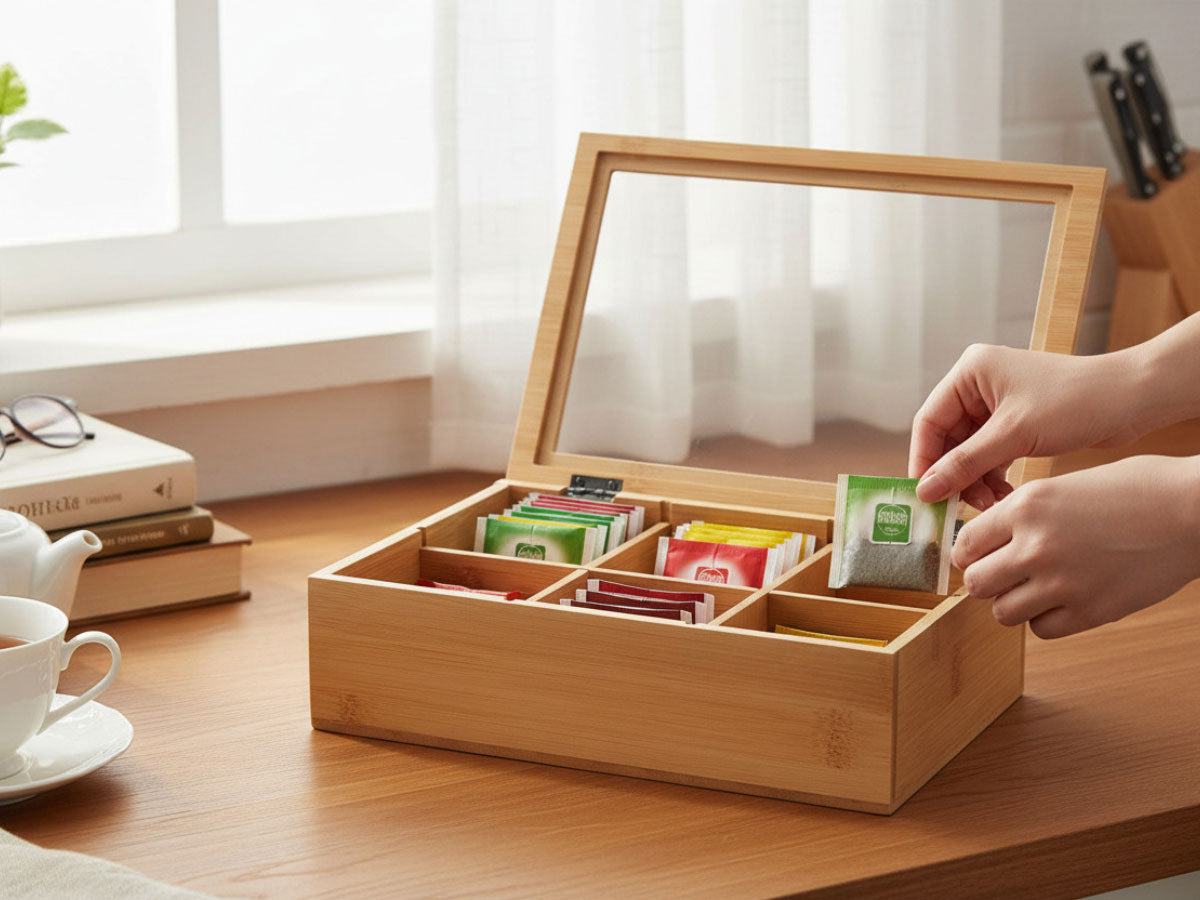 LS-LebenStil Teebox Bambus Holzbox 6 Fächer mit Deckel