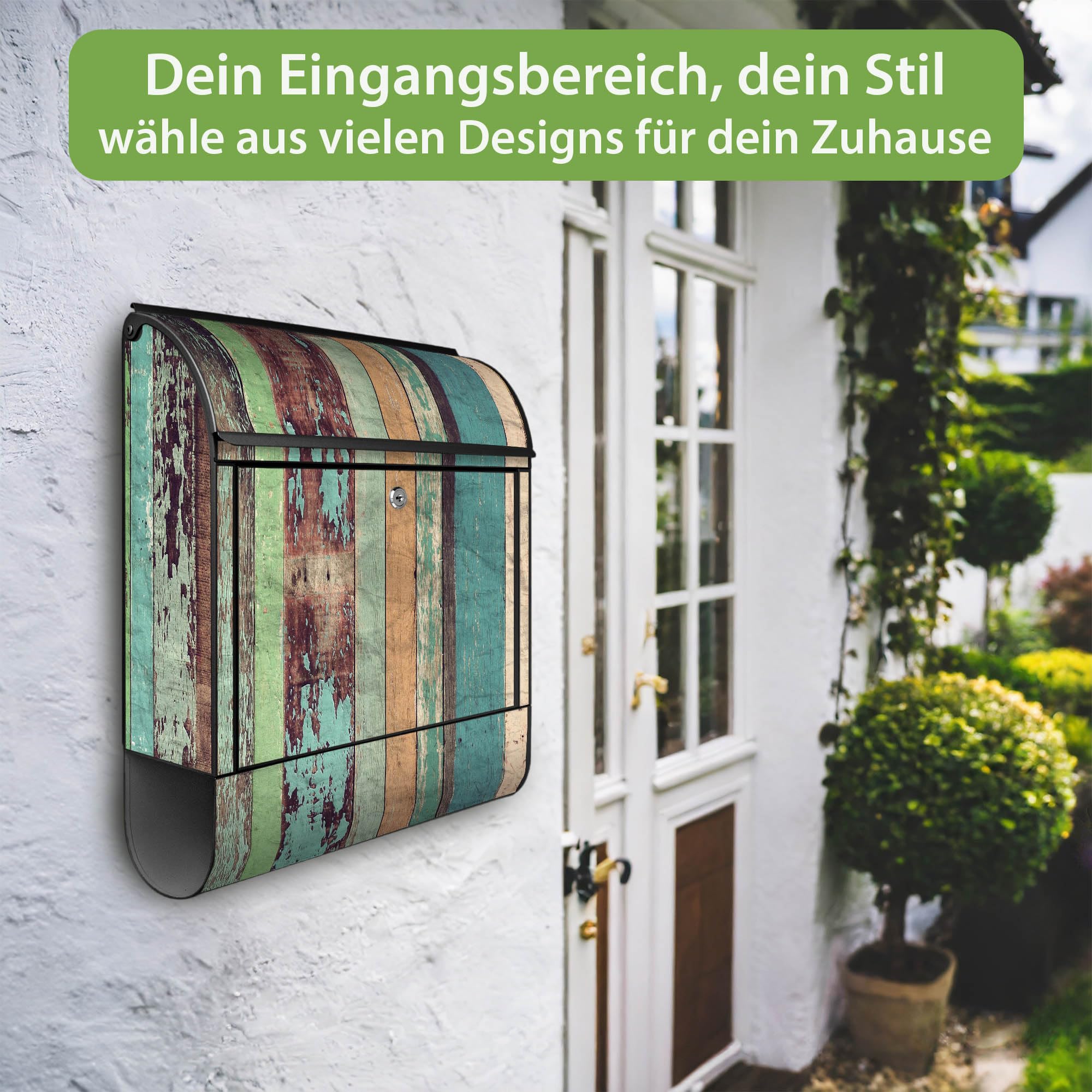 Banjado Briefkasten Bunte Bretterwand Stahl schwarz 38,5x46,5cm