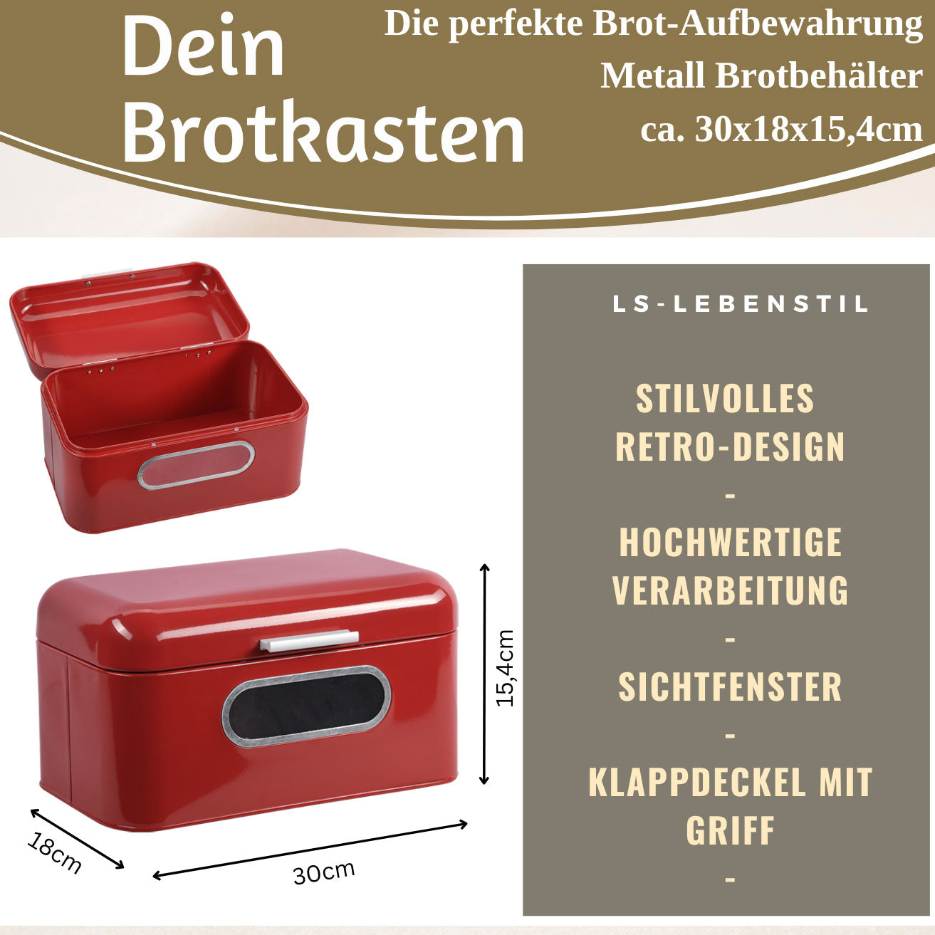 LS-LebenStil Vintage Brotkasten Rot Metall 30cm mit Deckel