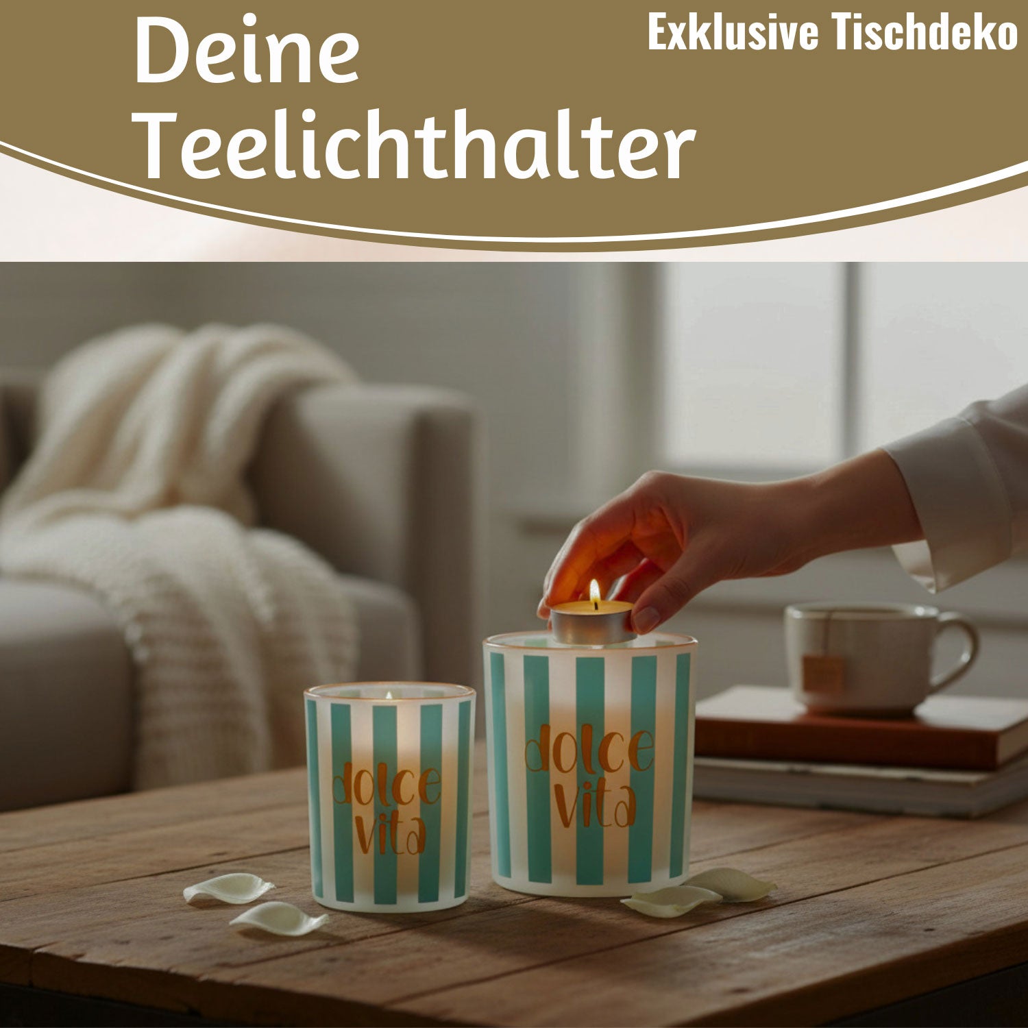 LS-LebenStil Dolce Vita Teelichthalter Glas 2er Türkis Gold