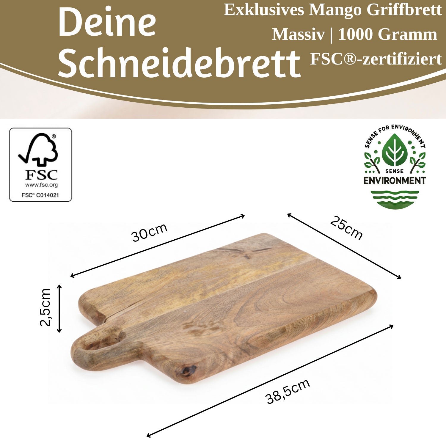 LS-LebenStil Mango Schneidebrett Holz 38cm mit Griff