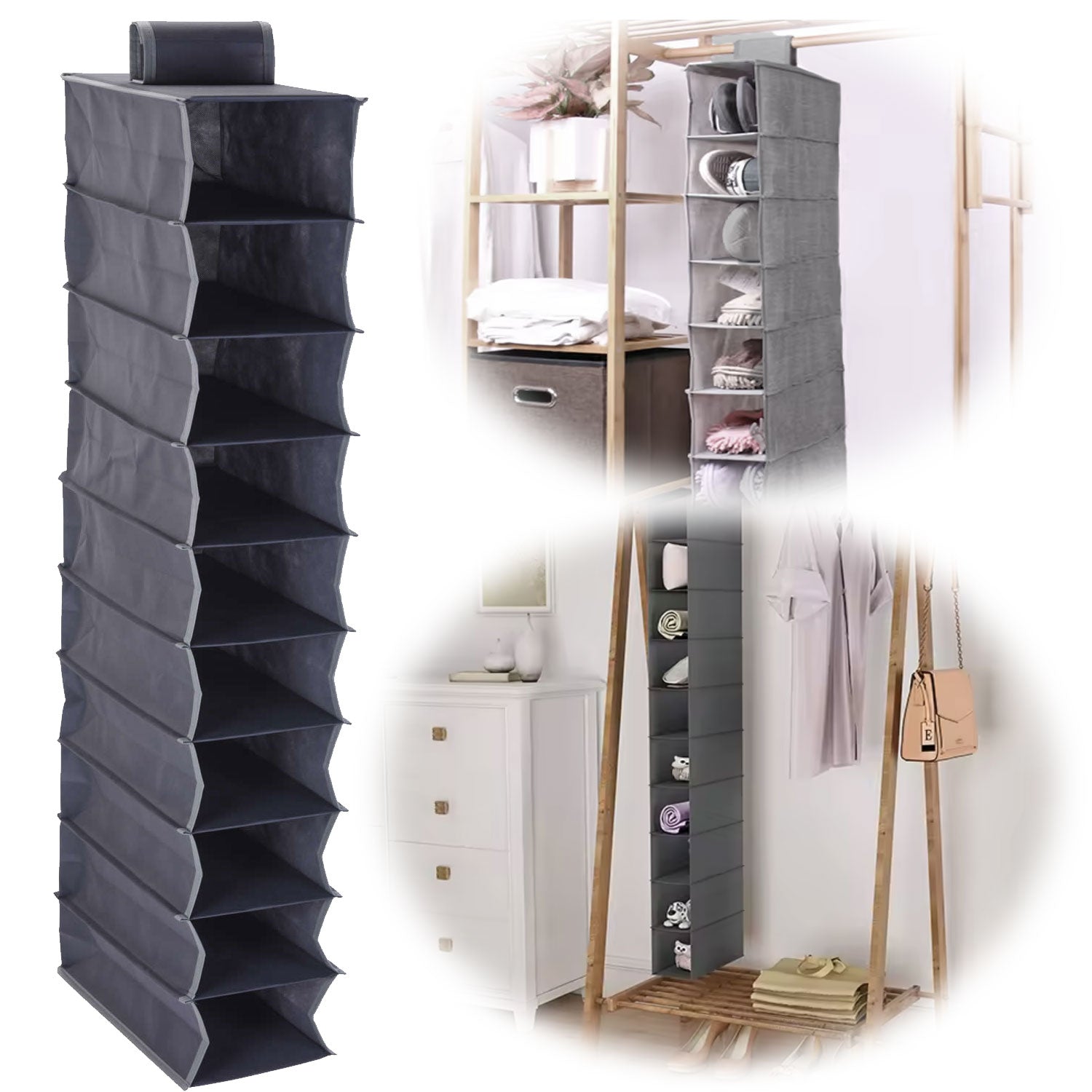 LS-LebenStil Hänge-Organizer 10 Fächer Grau 120x30cm faltbar