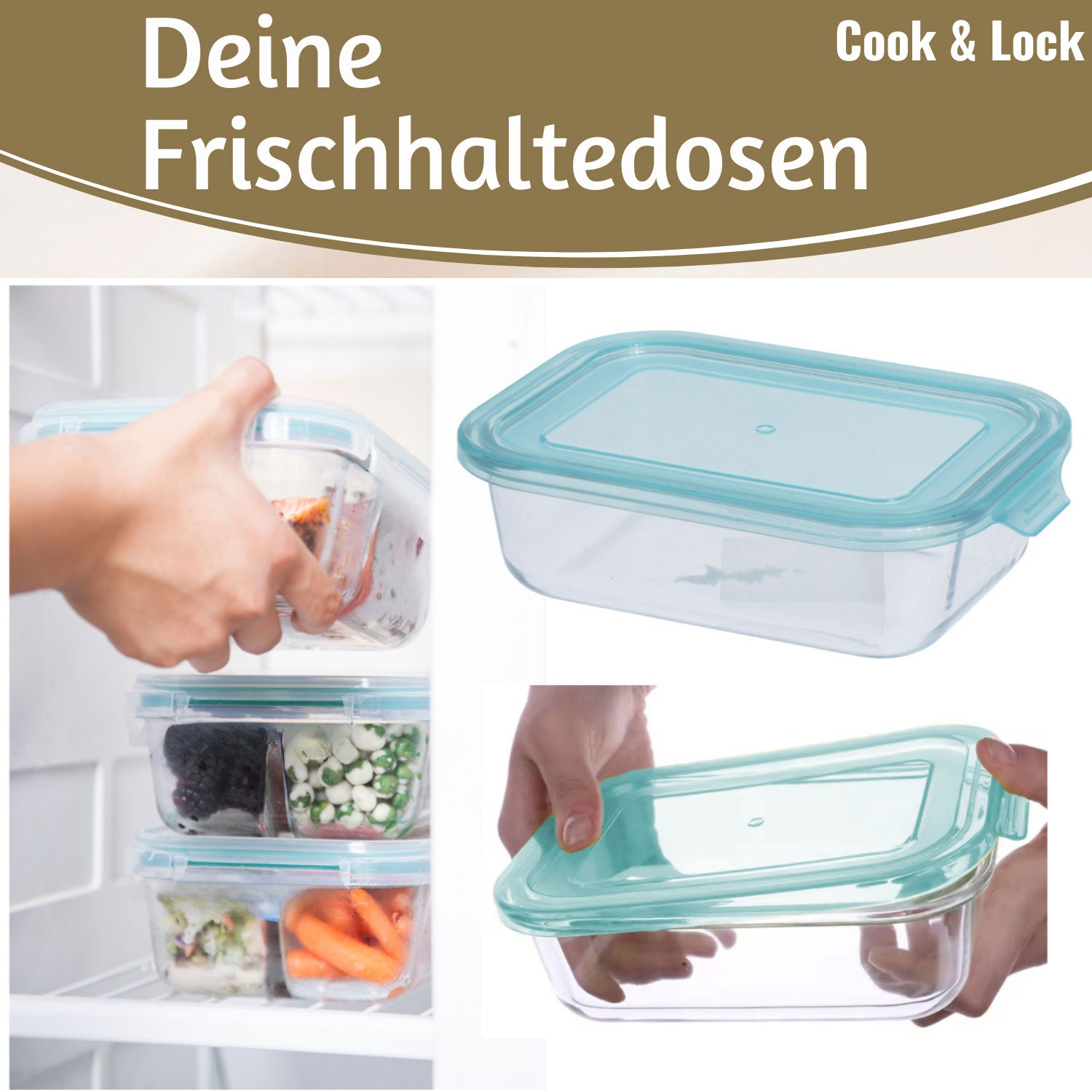 LS-LebenStil Cook & Lock Frischhaltedose Glas 3er Set eckig