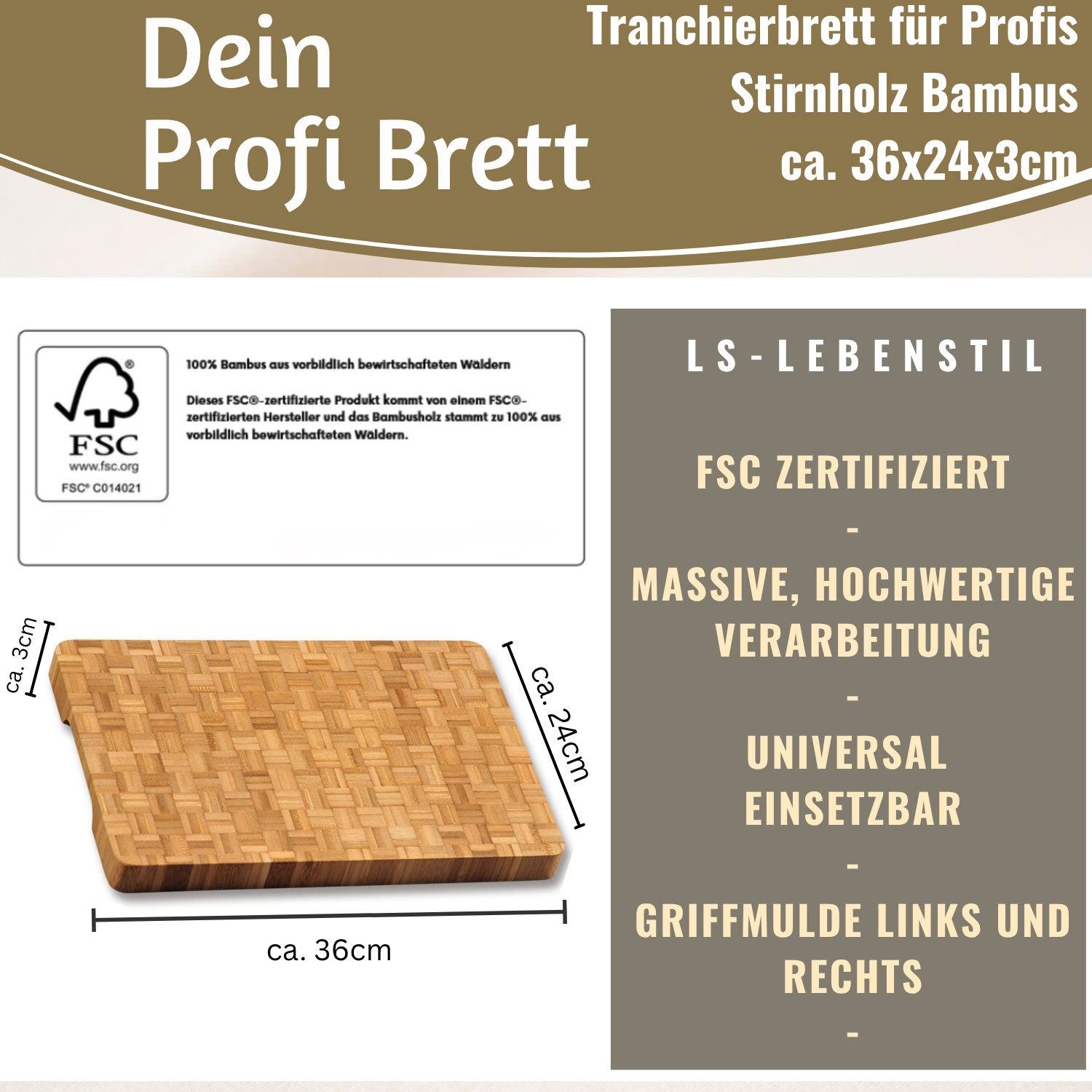 LS-LebenStil Profi Schneidebrett Stirnholz Bambus 36cm XL