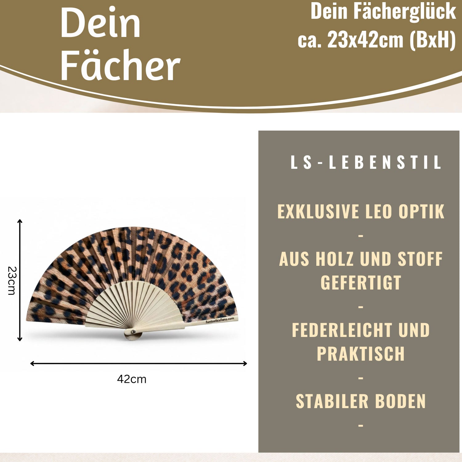 LS-LebenStil Leopardenmuster Handfächer Holz Stoff Leo 23x42cm