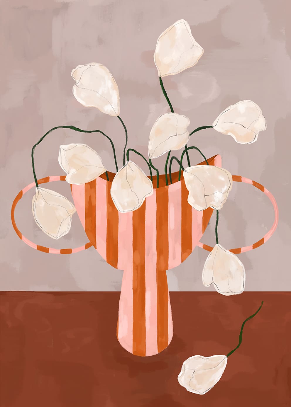 The Poster Club White Flowers in Striped Vase Leinwand 50x70