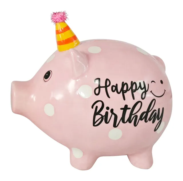 LS-LebenStil Sparschwein Keramik Spardose rosa Happy Birthday 14 cm