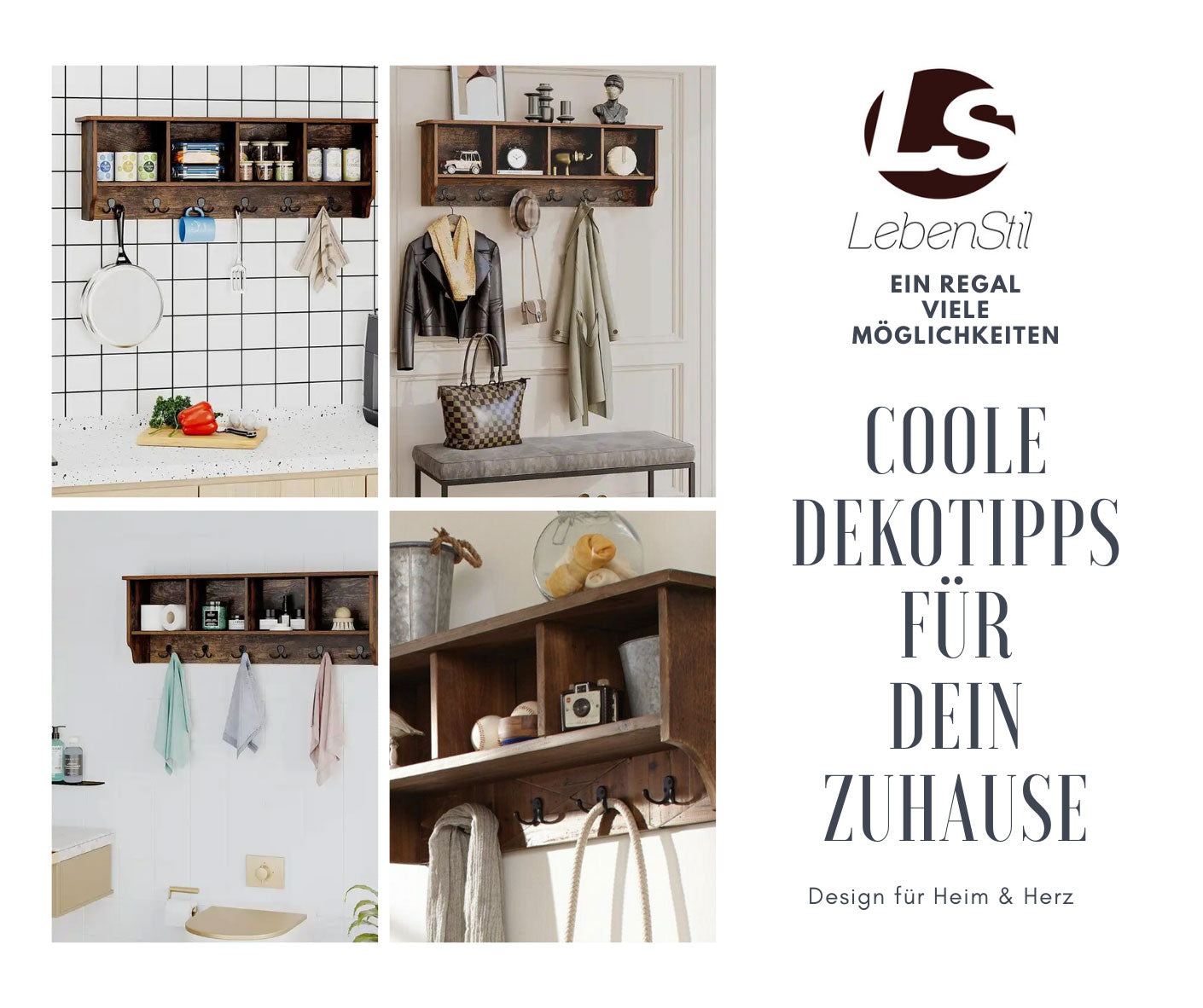 LS-LebenStil Vintage Wandgarderobe Teak 70cm mit Ablage