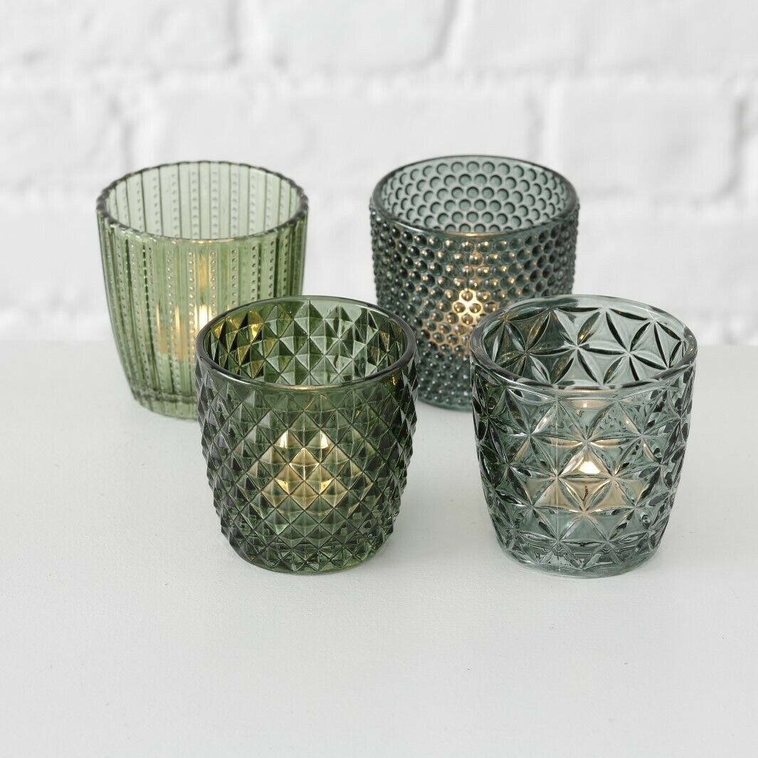 LS-LebenStil Teelichthalter Glas Retro Grün 7cm 4er Set
