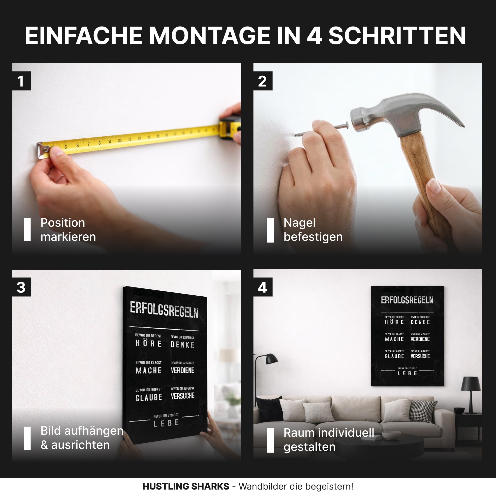 Hustling Sharks Wandbilder Erfolgsregeln Leinwand 30x40 schwarz